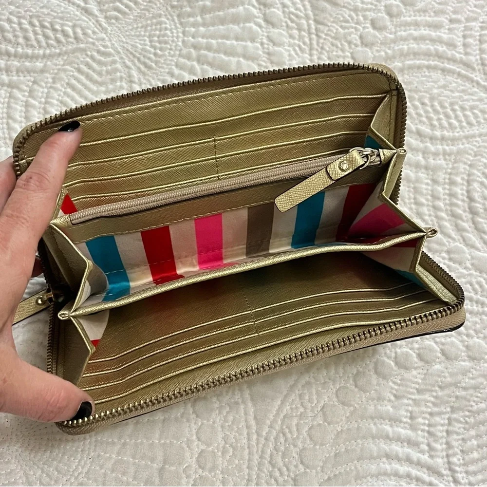 KATE SPADE Gold Zipper Wallet Rainbow White Stripe